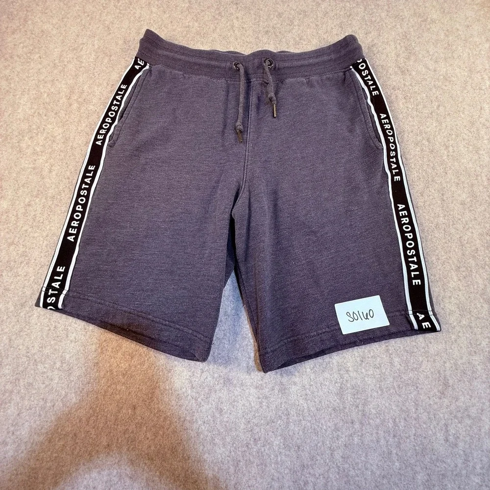 Aeropostale Mens Fleece Sweat Shorts Gray Logo Tape Side Stripe Drawstring Small